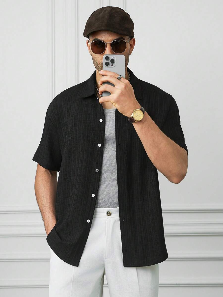 HUEFORM Men's Casual Refined Daily Commute Shirt Men's Textured Shirt Men's Black Short Sleeve Shirt - Black - View 1