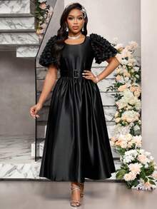 SHEIN Lady 女士黑色花瓣袖圆领优雅连衣裙 - 黑色 - 查看 8