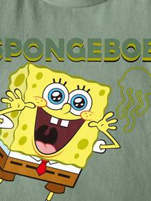 SpongeBob SquarePants | SHEIN Camiseta de manga corta informal con estampado de letras de dibujos animados para niño, verano - Blanco - Ver 4