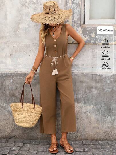 Brillora Women's Summer Minimalist Button-Up Halter Jumpsuit ,Summer Outfits , Summer Outfits For Women  , Spring Outfit Women , Beach Outfits For Women, Going Out Outfits, Holiday Outfits For Women , Vacation Jumpsuit ,  Brown  Jumpsuit For Women , Casual Jumpsuit For Women