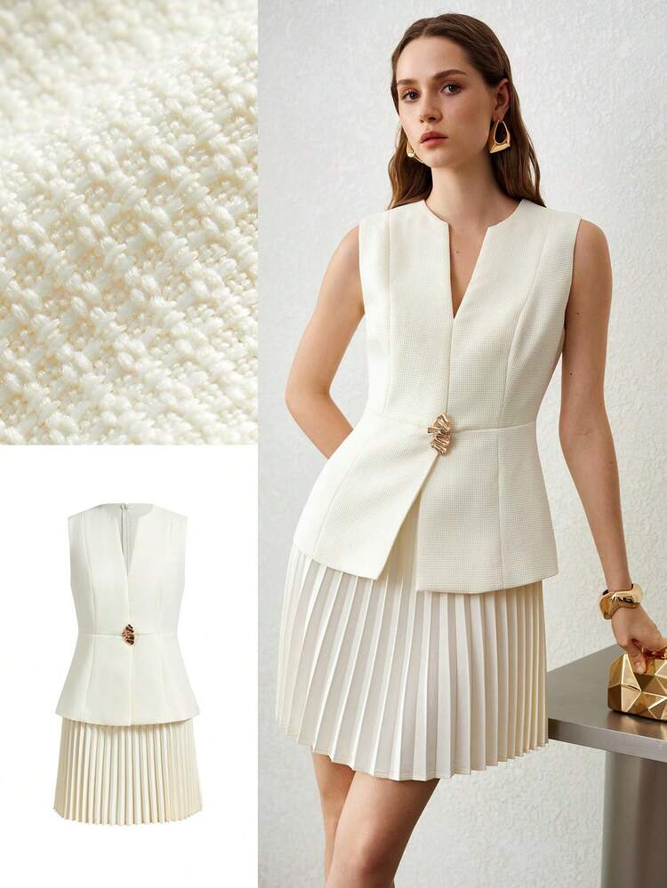 HIGH-QUALITY FASHIONABLE & ELEGANT SLEEVELESS NOTCH NECK PLEATED HEM SPLICE COMMUTER DRESS WITH BUTTON DECOR FOR WOMEN, SPRING/SUMMER
