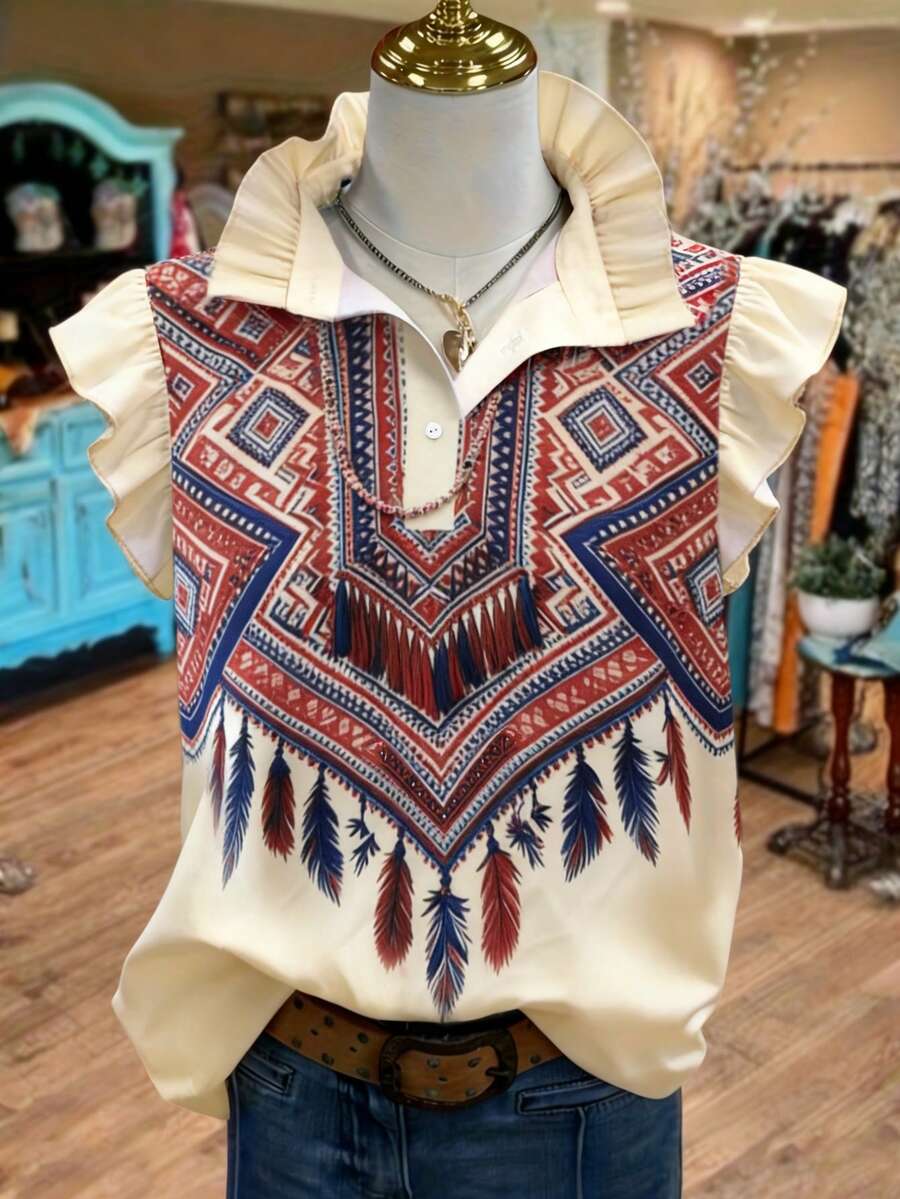 Voyazaga Chemise pour femmes grande taille, mode printemps/été décontractée, style resort, manches courtes, imprimé plumes, ouverture partielle devant, vêtements de plage pour femmes grande taille - Multicolore - Voir 1
