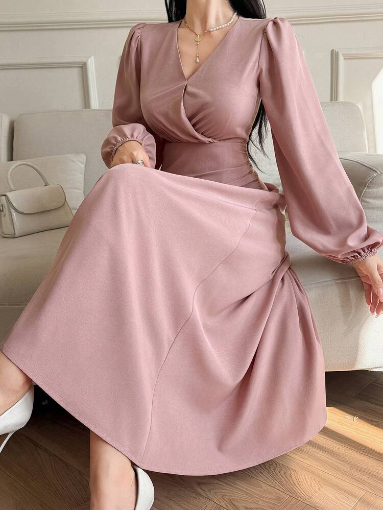 Pink V-Neck Long Sleeve Cinched Waist Solid Color Midi Dress, Elegant For Party, Beach, Wedding, Graduation, Holiday Sundress