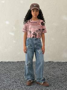 Coolane Kids 少女春夏报纸印花网纱露脐短袖上衣 - 粉色 - 查看 5