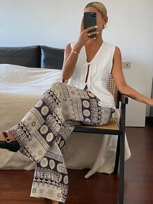 DAZY 女士纯色V领流苏吊带背心和印花长裤休闲两件套家居服套装，夏季女士休闲居家服套装 - 彩色 - 查看 1