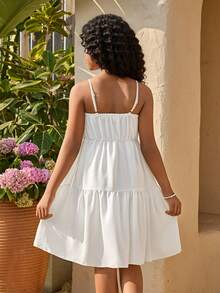 女童休闲宽松白色连衣裙，适合夏季度假、旅行、校园及日常穿着 - 杏色 - 查看 3