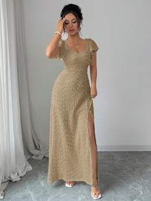 Rafferiza Đầm dài nữ màu trơn, xẻ tà, thiết kế thanh lịch, thắt eo, thích hợp cho các buổi hẹn hò và tiệc tùng. - Màu Khaki - Xem 5