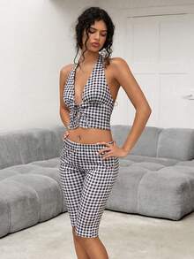 Sweetina Women's Plaid Print Halter Tie Top And Elastic Waist Pants 2 Pieces Set - Multicolor - View 1