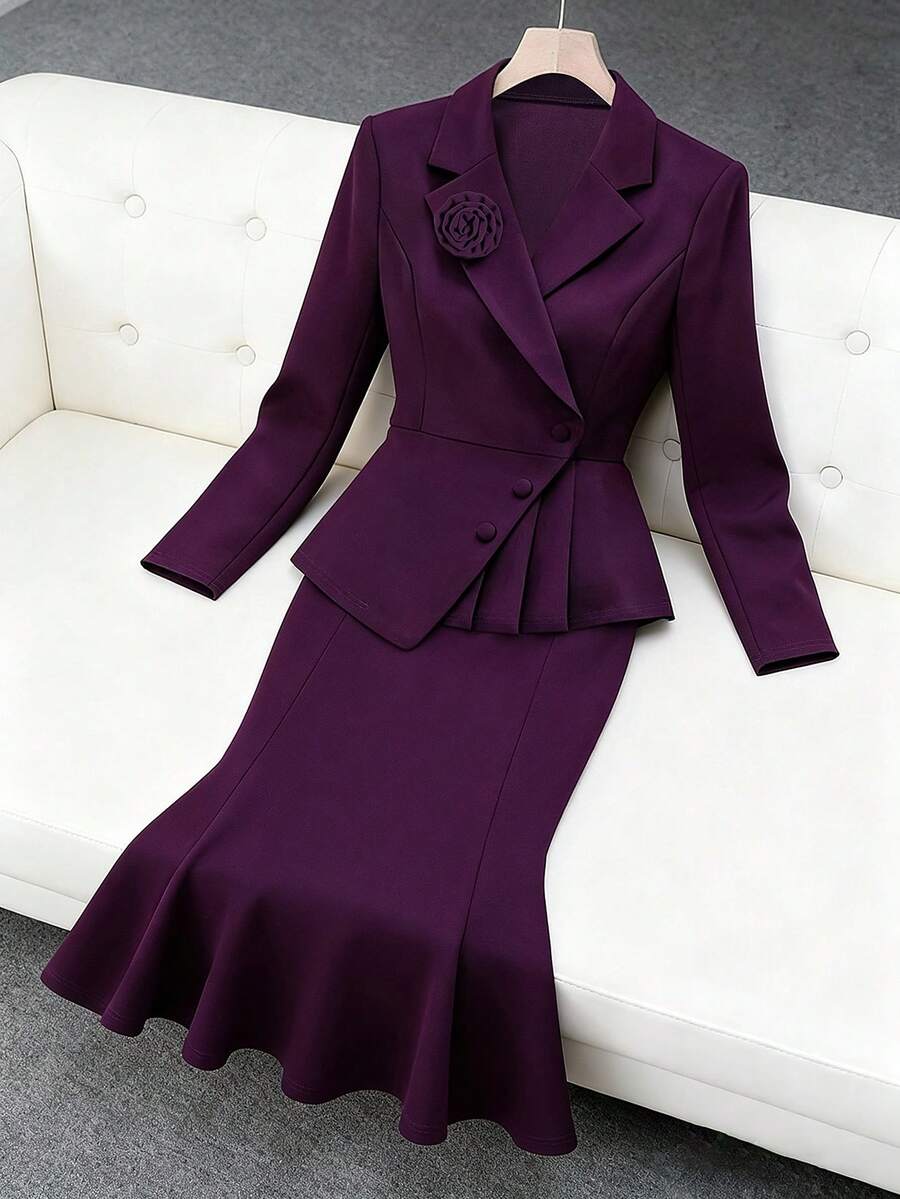 Modelyn Plus Size Women's Solid Color 3D Floral Decor Jacket And Mermaid Hem Skirt Elegant Suit Set - Purple - View 1