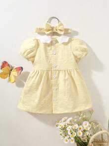 SHEIN Set de 2 piezas: Vestido floral amarillo bordado lindo para bebé niña con diadema a juego. Conjunto suave de verano para invitado de boda, bautizo o - Amarillo - Ver 2