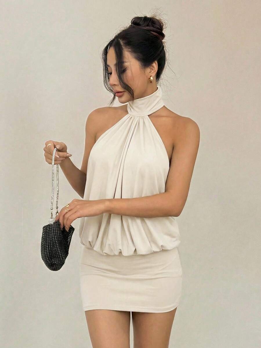 SHEIN PETITE High Neck Halter Backless Mini Dress,Summer Dresses For Women - Apricot - View 1
