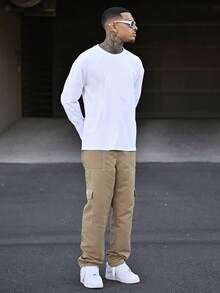 Devon Thys Men's All-Match Solid Color Casual Long Sleeve T-Shirt, Versatile, Spring/Autumn, Fall - White - View 6