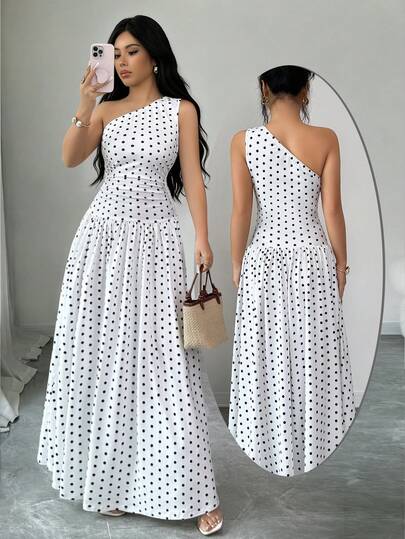 Elenzga Women's New Polka Dot Print Asymmetric Sleeveless Casual Vacation White Dress, Elegant & Romantic