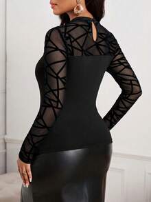 SHEIN Lady Women's Elegant Mesh Patchwork Crew Neck Fitted Long Sleeve T-Shirt, Autumn Weddings & Events Wedding Luxury Evening Dresses For Weddings Graduation Ceremony Party Graduation Dress Black Top Black Blouse Spring Summer - Black - View 3