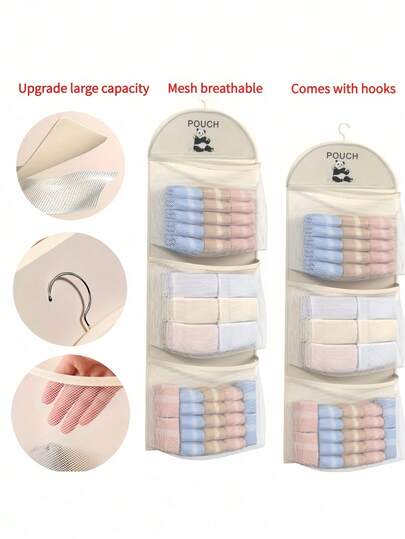 三层悬挂式网状收纳袋，适用于内衣、袜子、胸罩等，透明可视口袋，壁挂式设计，节省空间，适用于宿舍、家庭卧室等场所收纳。