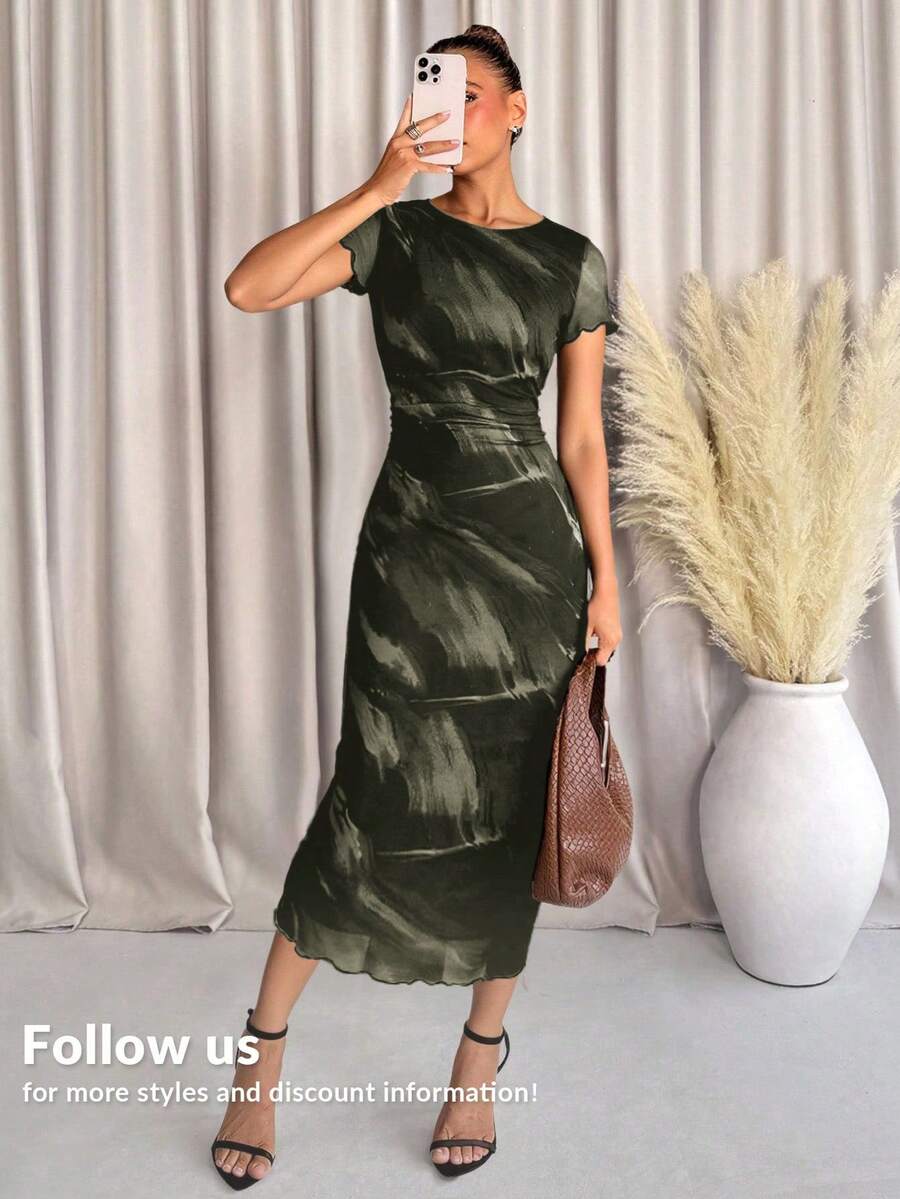 Lavishia 女士时尚印花短袖连衣裙,春夏款 - 軍綠色 - 查看 1