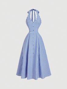 SHEIN MOD Women's Casual Plaid Backless Halter Midi Dress, Summer - Blue and White - View 3