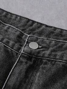 Manfinity Denimwave 男士休闲街头风做旧弧形拼接阔腿深灰色牛仔裤 - 深灰色 - 查看 5