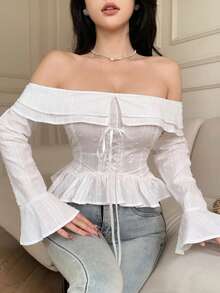 DAZY Women's Elegant Textured Off-Shoulder Ruffle Tie Flare Sleeve Blouse, Spring - Beige - View 10