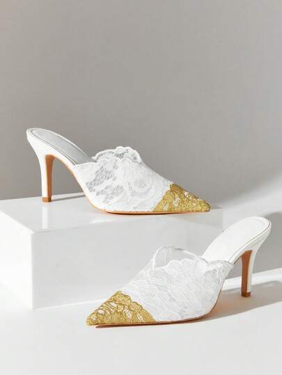 SHUZIA Mules de tacón de aguja con punta puntiaguda y encaje, de estilo romántico, elegante y sexy para fiestas