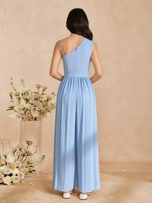 SHEIN Teen GirlAsymmetric Shoulder Jumpsuit, Fashion Elegant Wide Leg Pants With Belt, Suitable For Daily Outings And Gatherings, Spring/Summer - Black - View 2