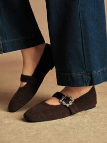 Rosivie Women's Classic Crystal Decorated Square Toe Flat Shoes - Brown - View 5