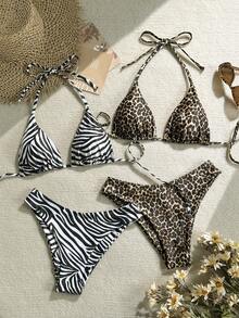 Swim Vcay 2026春夏吊带黑白斑马纹+黑棕豹纹吊带露背高衩丁字裤比基尼四件套泳衣，适合度假和派对穿着 - 彩色 - 查看 1