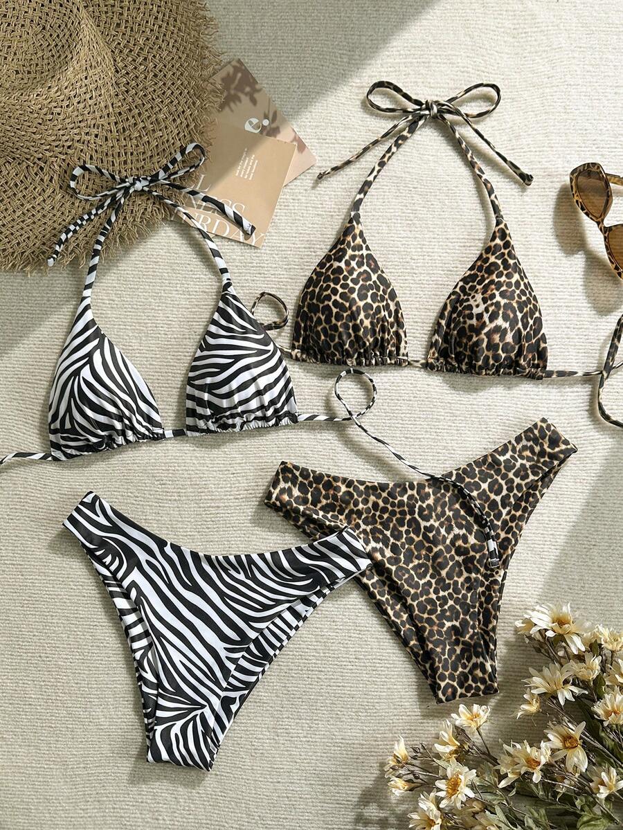 Swim Vcay 2026春夏吊带黑白斑马纹+黑棕豹纹吊带露背高衩丁字裤比基尼四件套泳衣，适合度假和派对穿着 - 彩色 - 查看 1