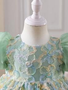 SHEIN Glamorique Kids 女婴花童伴娘礼服，婚礼，花童，优雅，3D玫瑰，生日派对，派对表演，适合正式场合 - 綠色 - 查看 4