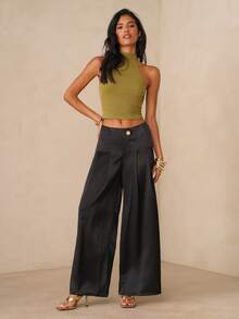 SHEIN Glamour Pantalones anchos plisados de unicolor casuales y para ir al trabajo para mujeres - Negro - Ver 5