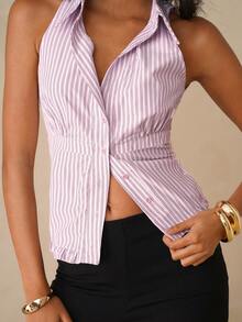 SHEIN Glamour Pink Color Stripe Sexy V Neck Ruched Sleeveless Shirt,Party Must Have,Women Birthday Shirt,Date Night Shirt,Concert Shirt,Rave Shirt Festival,Going Out Shirt,Elegant Blouses For Ladies,Stylish Women's Blouses,Basic Shirt,Office Shirt,Womens Business Casual Top,Fitted Button Up Shirt,Striped Halter Top - Multicolor - View 1