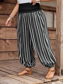 SHEIN CURVE+ Curve 尺码 US22 音乐节、海滨度假、波西米亚风女士条纹弹力腰宽松哈伦裤，休闲度假风 - 黑色 - 查看 3