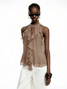 LYSMO Women's Solid Color Ruffle Neck Casual Versatile Daily Wear Top - Khaki - View 6