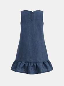 SHEIN Young Girls' Blue Straight Dress With Cute Fish Tail Ruffle Hem, Casual Fashionable Versatile For Outing And Vacation - Blue - View 2