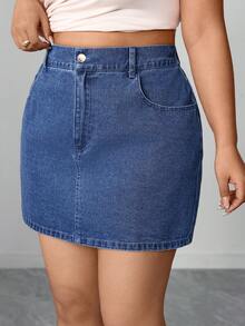 SHEIN Elenzya Minifalda de mezclilla sexy de cintura alta con bolsillos para mujer de talla grande - Azul - Ver 6