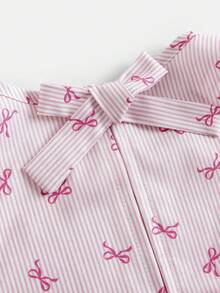 SHEIN 2件套女童粉色蝴蝶结条纹吊带背心和短裤套装，休闲日常时尚百搭装 - 粉色 - 查看 3