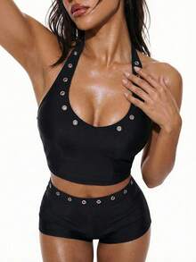 Swim Basics 女士时尚性感金属孔眼吊带背心套装，夏季 - 黑色 - 查看 5