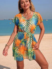 Swim Vcay 女士春夏热带植物印花V领收腰开衩度假连衣裙配罩衫 - 綠色 - 查看 4