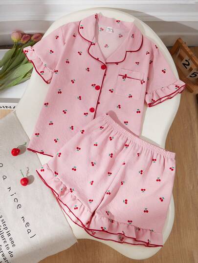 Genkimix Kids 少女睡衣套装，舒适时尚樱桃印花荷叶边优雅短袖短裤两件套睡衣