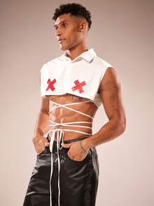 FeverCity Men's Cross Pattern Single-Breasted Strap Design Cropped Shirt - White - View 1