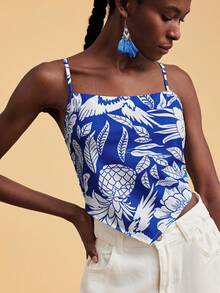 SHEIN TRVLCHIC Women's Casual Asymmetric Hem Pineapple Print Camisole Top,Summer Top - Blue and White - View 5