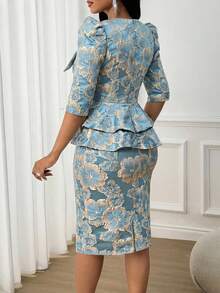 SHEIN Lady 女士V领提花中袖上衣和半裙两件套，休闲聚会日常穿着 - 藍色 - 查看 2