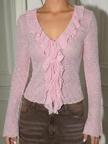 Glamine Cardigan tricoté fin avec décolleté plongeant, volants et nœud devant, couleur abricot, convient pour le port quotidien à la maison - Rose bonbon - Voir 3