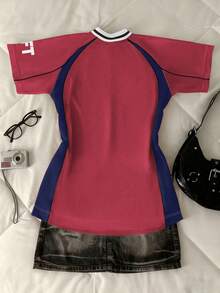 Glimmora 女士休闲撞色V领修身短袖T恤 - 紅色 - 查看 2