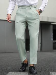 Manfinity Bizformal 男士锥形裤，腰部搭扣设计，纹理面料，商务休闲裤，修身复古时尚长裤，适合父亲、丈夫、男友，春季穿着 - 薄荷綠 - 查看 3