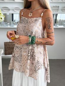 Livesso 女士夏季休闲波西米亚度假风拼接印花宽松串珠吊带衫 - 杏色 - 查看 5