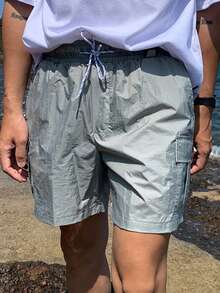 DAZY Quần short nam màu xám, cạp chun, chất liệu vải có họa tiết, kiểu dáng thường ngày, thích hợp cho mùa hè. - Xám - Xem 6