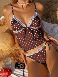 Swim Mod 女士两件式泳衣套装，波点和花卉蕾丝拼接，蝴蝶结系带抹胸式背心泳衣 - 棕色 - 查看 3