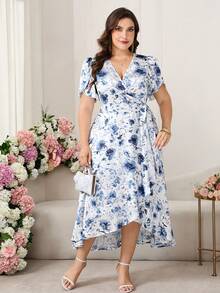 Reflora Plus Size Floral Print Side Tie Flare Sleeve White Summer Elegant Bachelorette Party Tea Party Dress,Wedding Guest Dress For Women,Luxury Evening - Blue and White - View 7