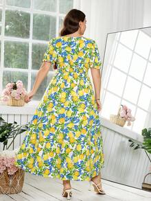 SHEIN Clasi 大码夏季柠檬印花花瓣袖连衣裙 - 彩色 - 查看 3
